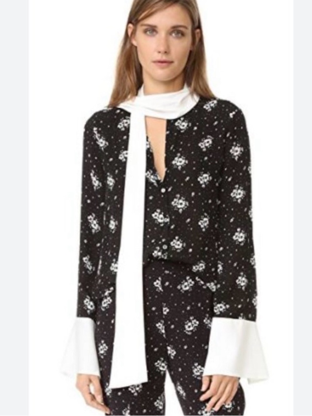 Cinq à Sept Stardust Rowan Black and White Floral Tie-Neck Blouse